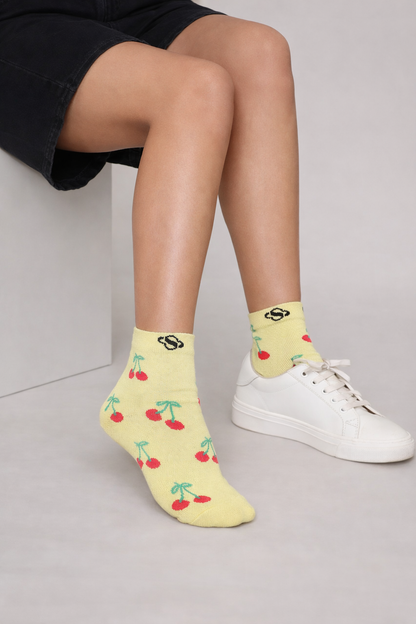 Pastel Yellow Cherry Ankle Socks – Playful Red Detail