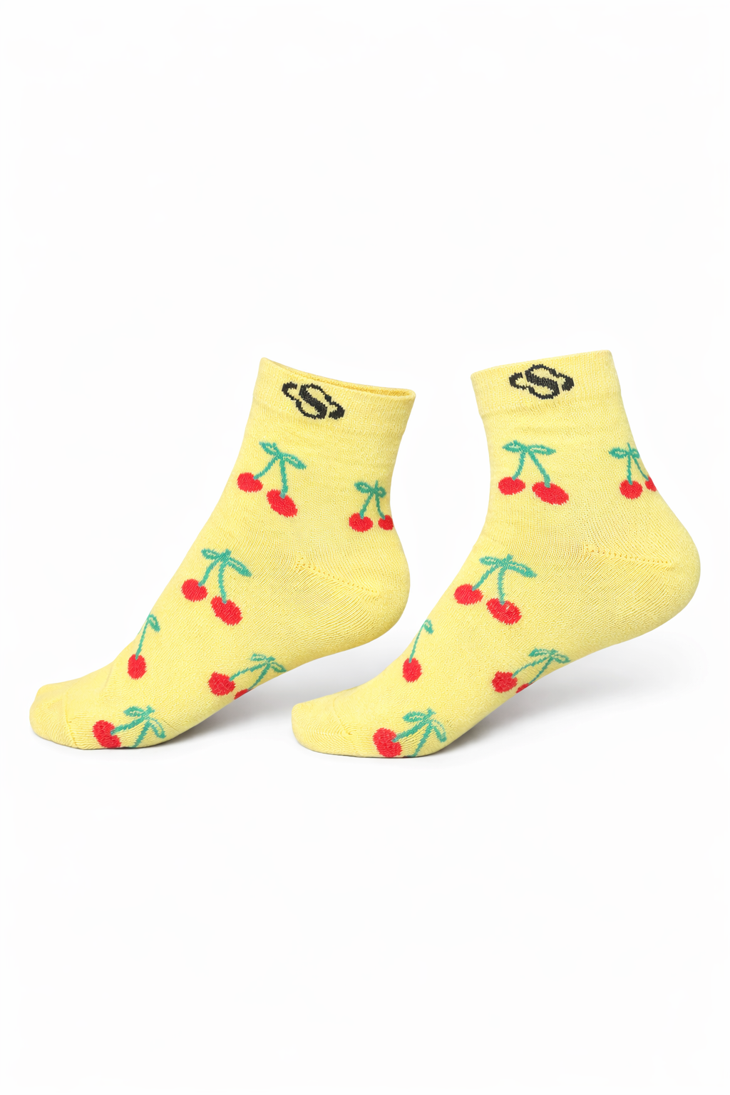 Pastel Yellow Cherry Ankle Socks – Playful Red Detail