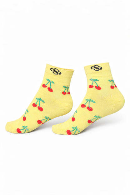 Pastel Yellow Cherry Ankle Socks – Playful Red Detail