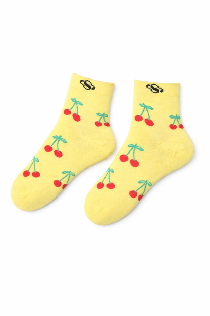 Pastel Yellow Cherry Ankle Socks – Playful Red Detail