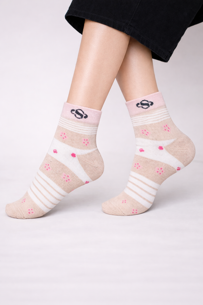 Beige Stripe Ankle Socks – Pink Dot Detail