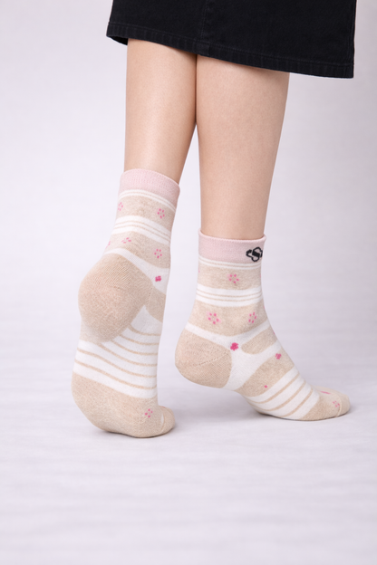 Beige Stripe Ankle Socks – Pink Dot Detail