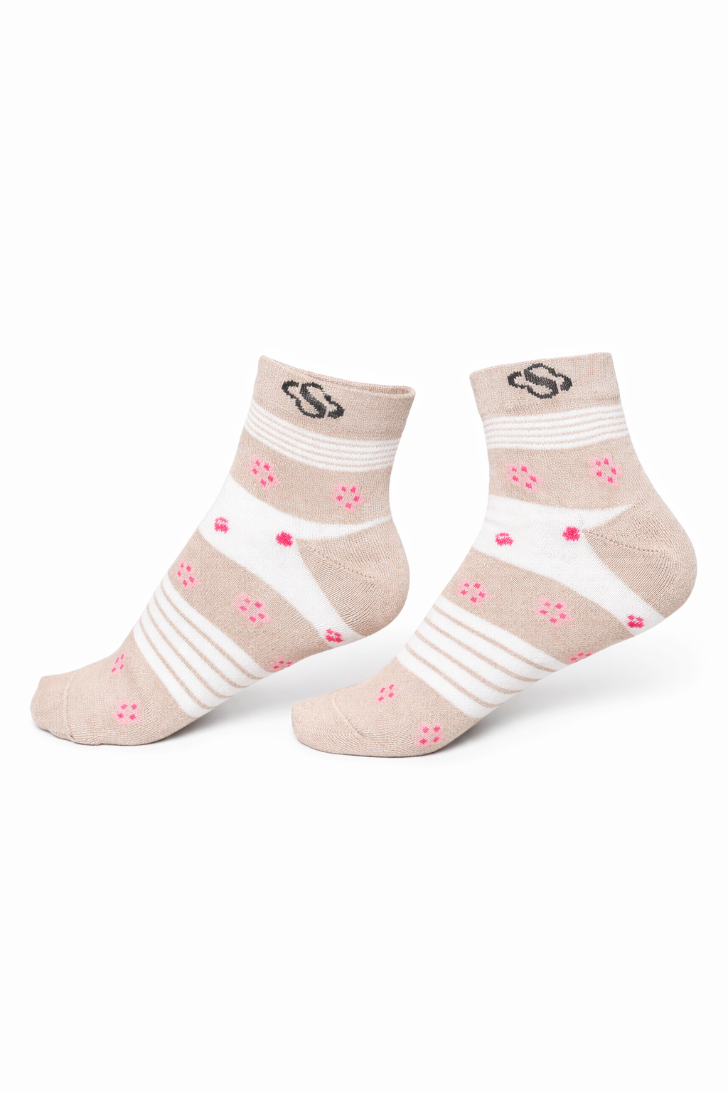 Beige Stripe Ankle Socks – Pink Dot Detail