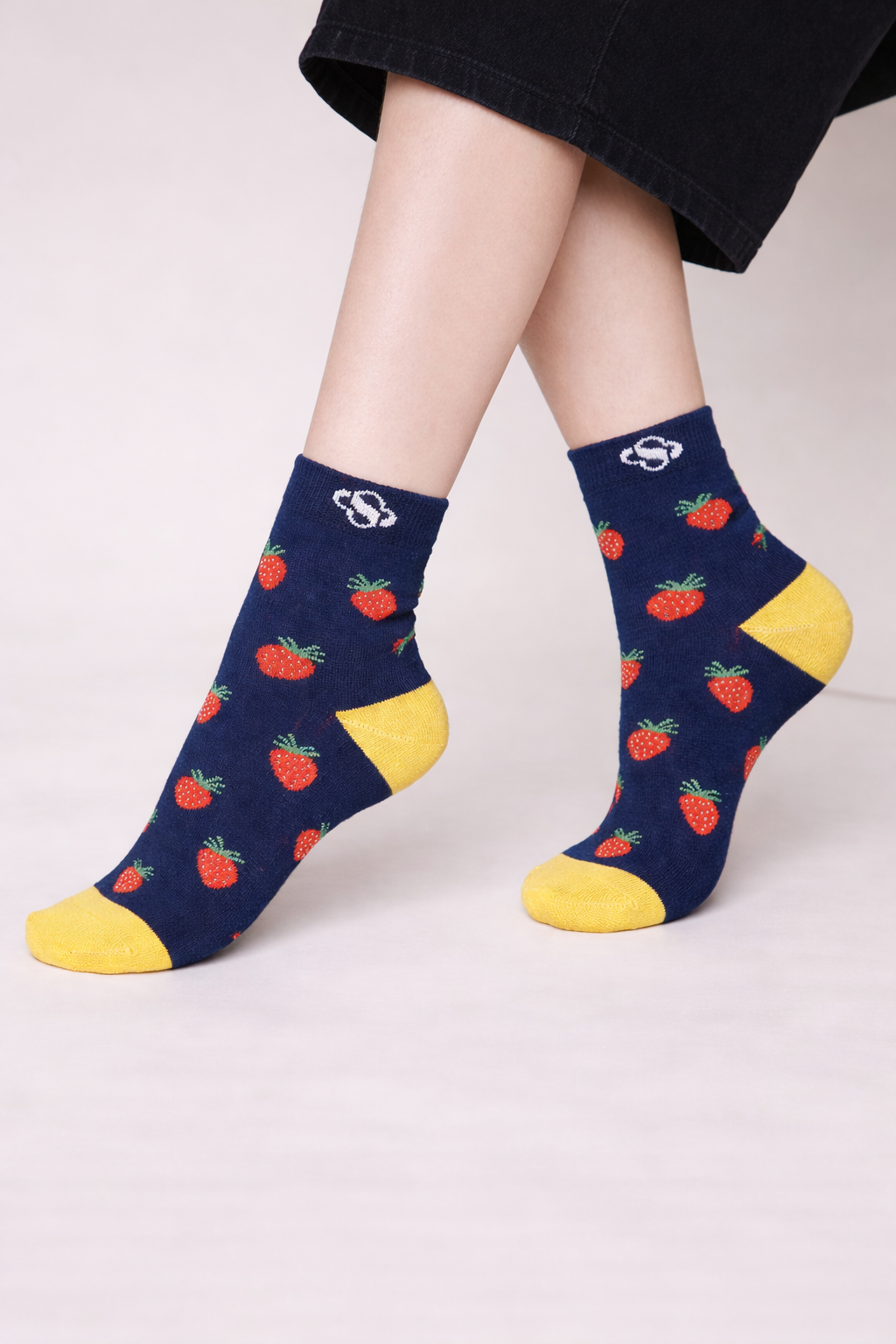 Navy Strawberry Ankle Socks – Contrast Yellow Detail