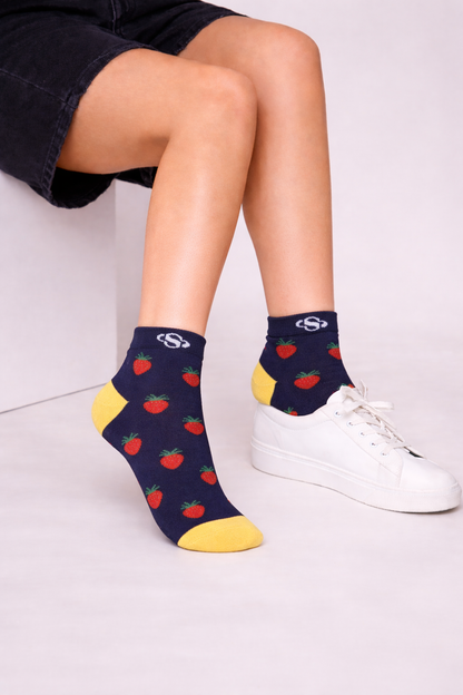 Navy Strawberry Ankle Socks – Contrast Yellow Detail