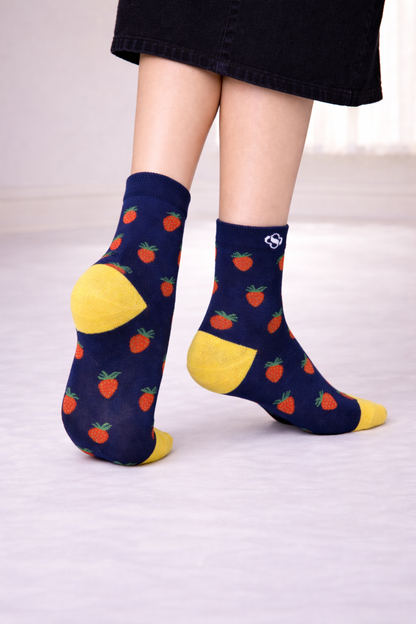 Navy Strawberry Ankle Socks – Contrast Yellow Detail