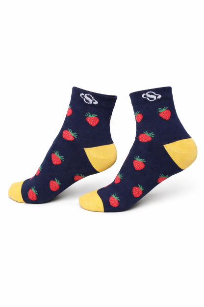 Navy Strawberry Ankle Socks – Contrast Yellow Detail