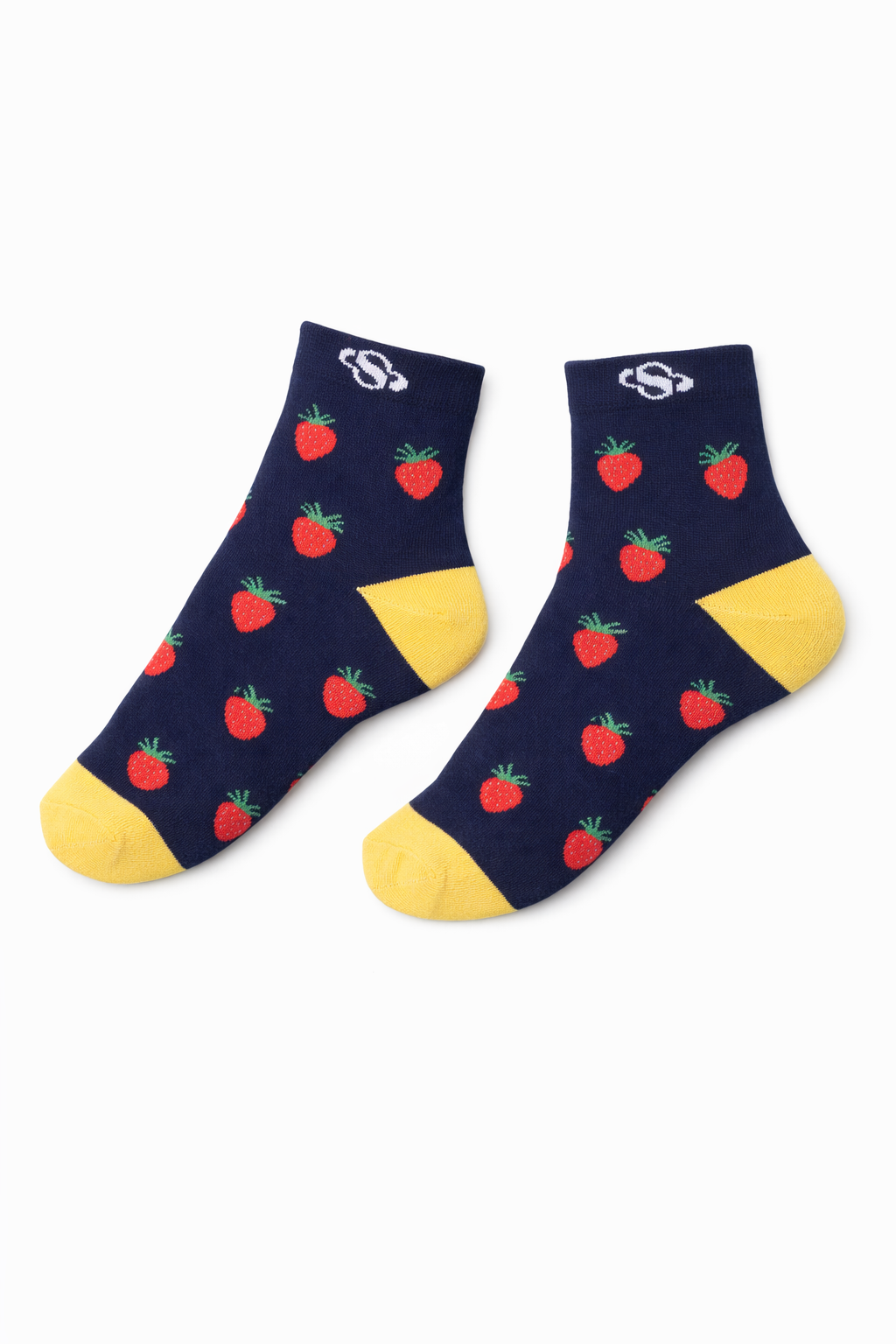 Navy Strawberry Ankle Socks – Contrast Yellow Detail