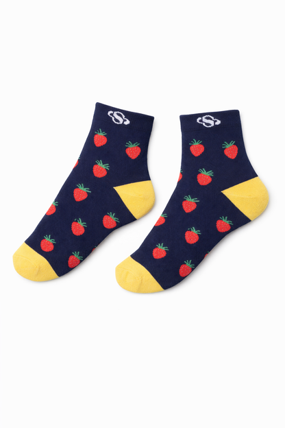 Navy Strawberry Ankle Socks – Contrast Yellow Detail