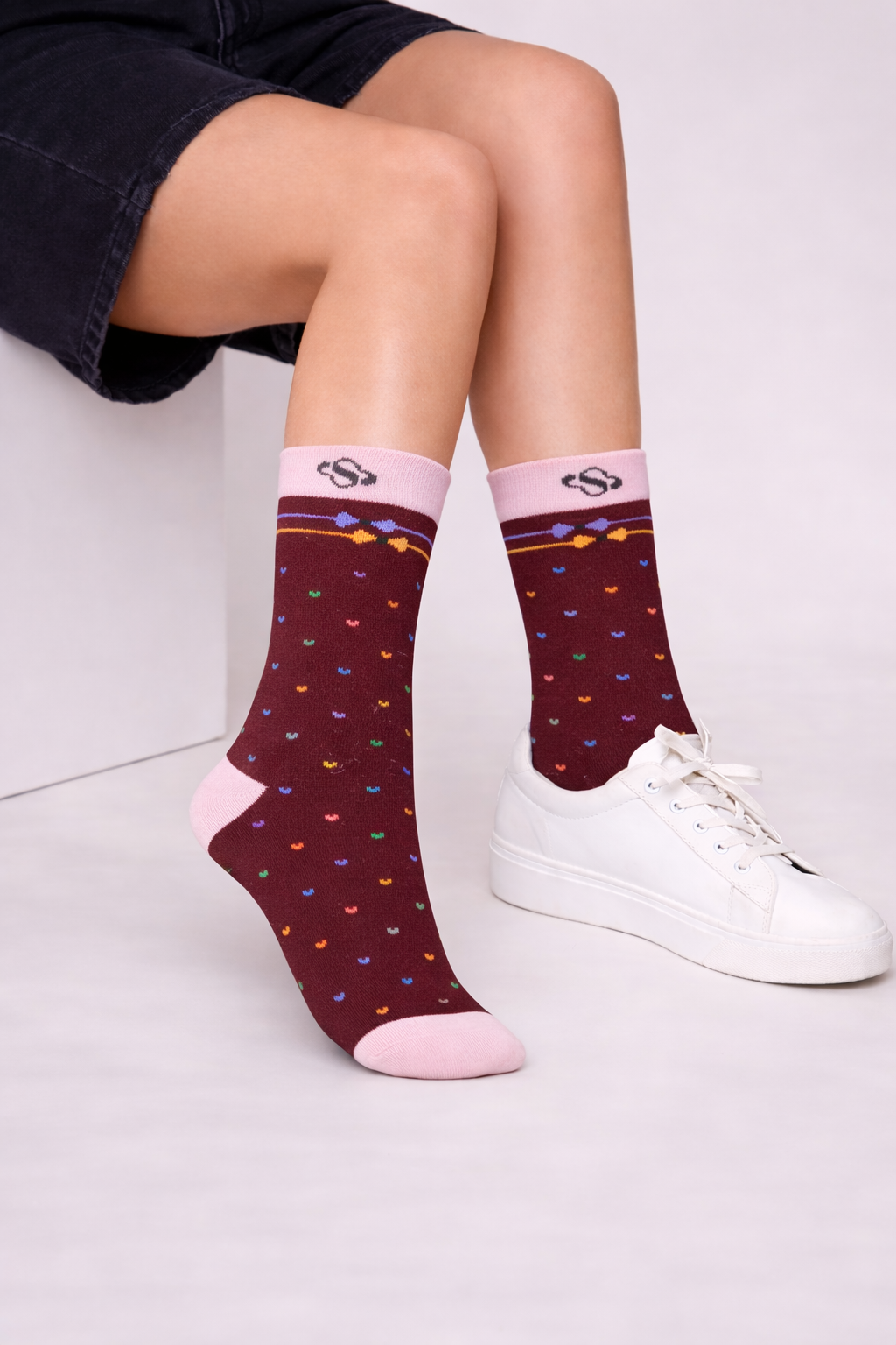 Burgundy Dot Crew Socks