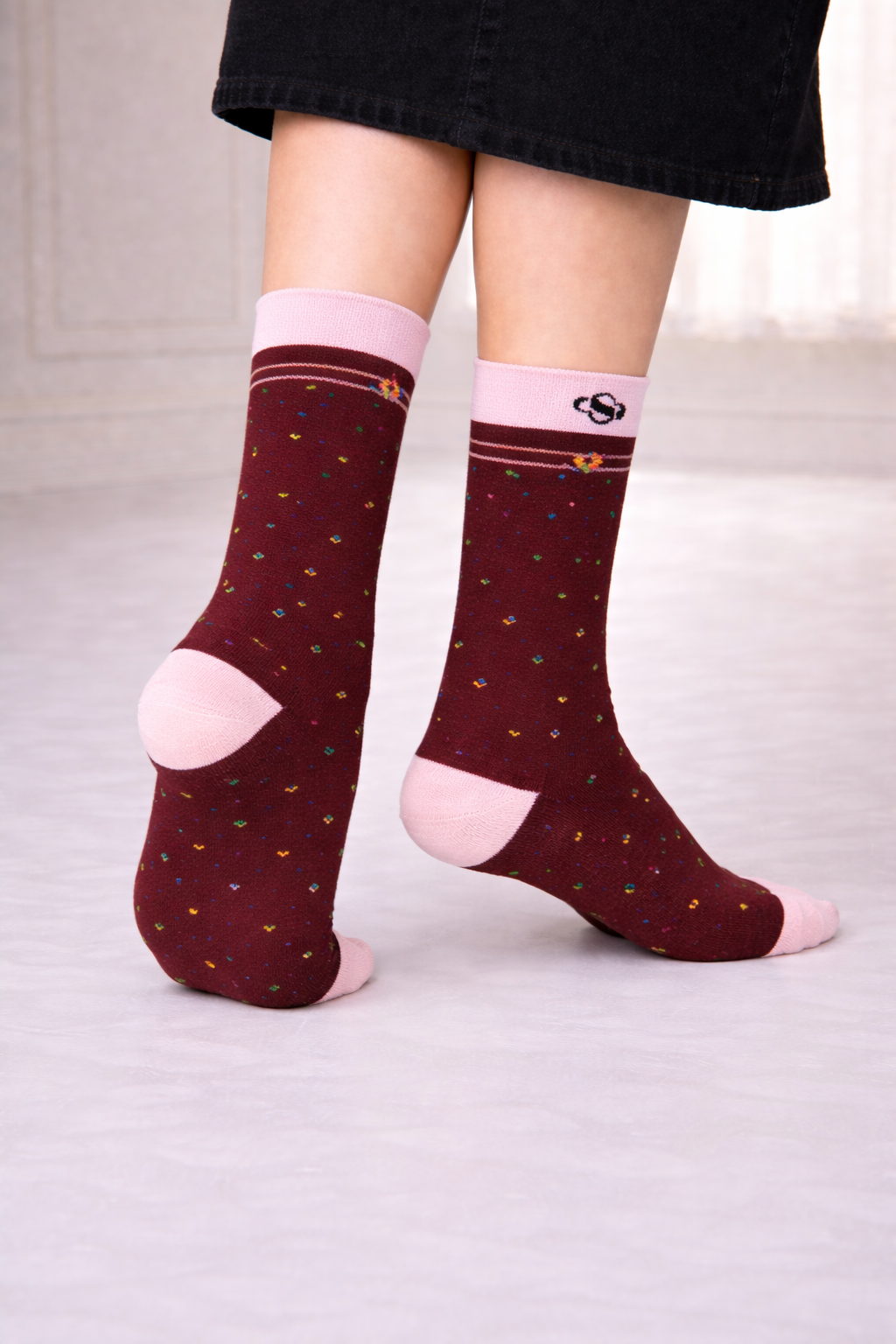 Burgundy Dot Crew Socks