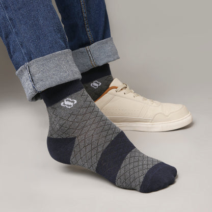 Grey–Navy Diamond Pattern Crew Socks