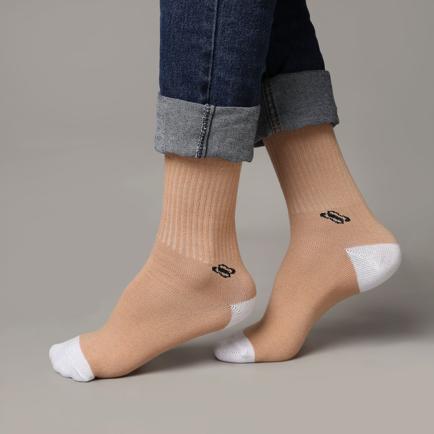 Beige Crew Socks with White Toe & Heel