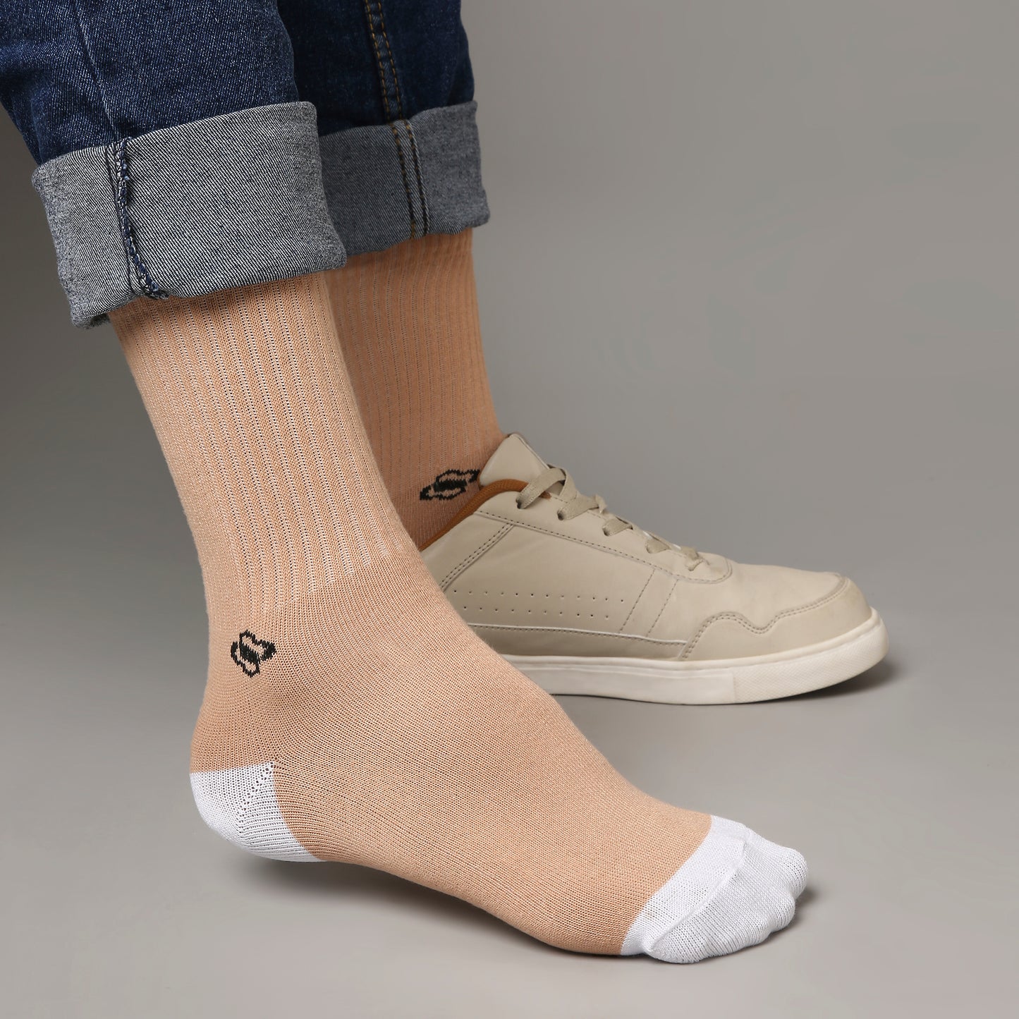 Beige Crew Socks with White Toe & Heel